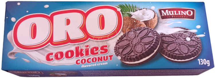 Oro kakaové sušenky 130g/30ks  s krémem s příchutí kokosu Mulino