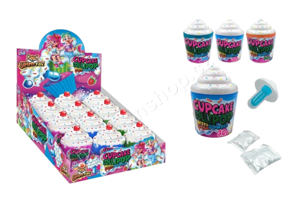 Lízátko Cupcake lollipop+sour powder 30g/12ks  Jimmy Fox