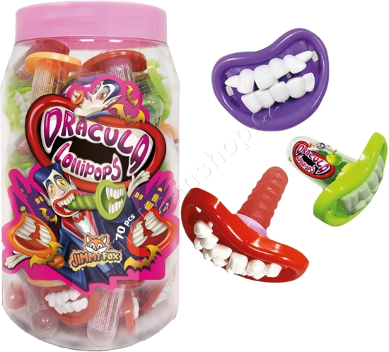 Lízátko Drákula zuby JF 4,5g/70ks dóza Dracula lollipops