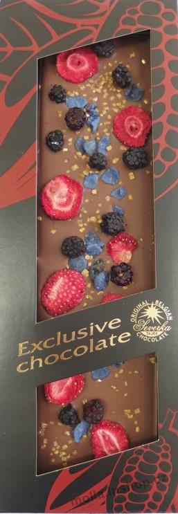 X- 0549 Exclusive ML ostružiny jahody fialky zlato 120g/20ks mléčná čokoláda